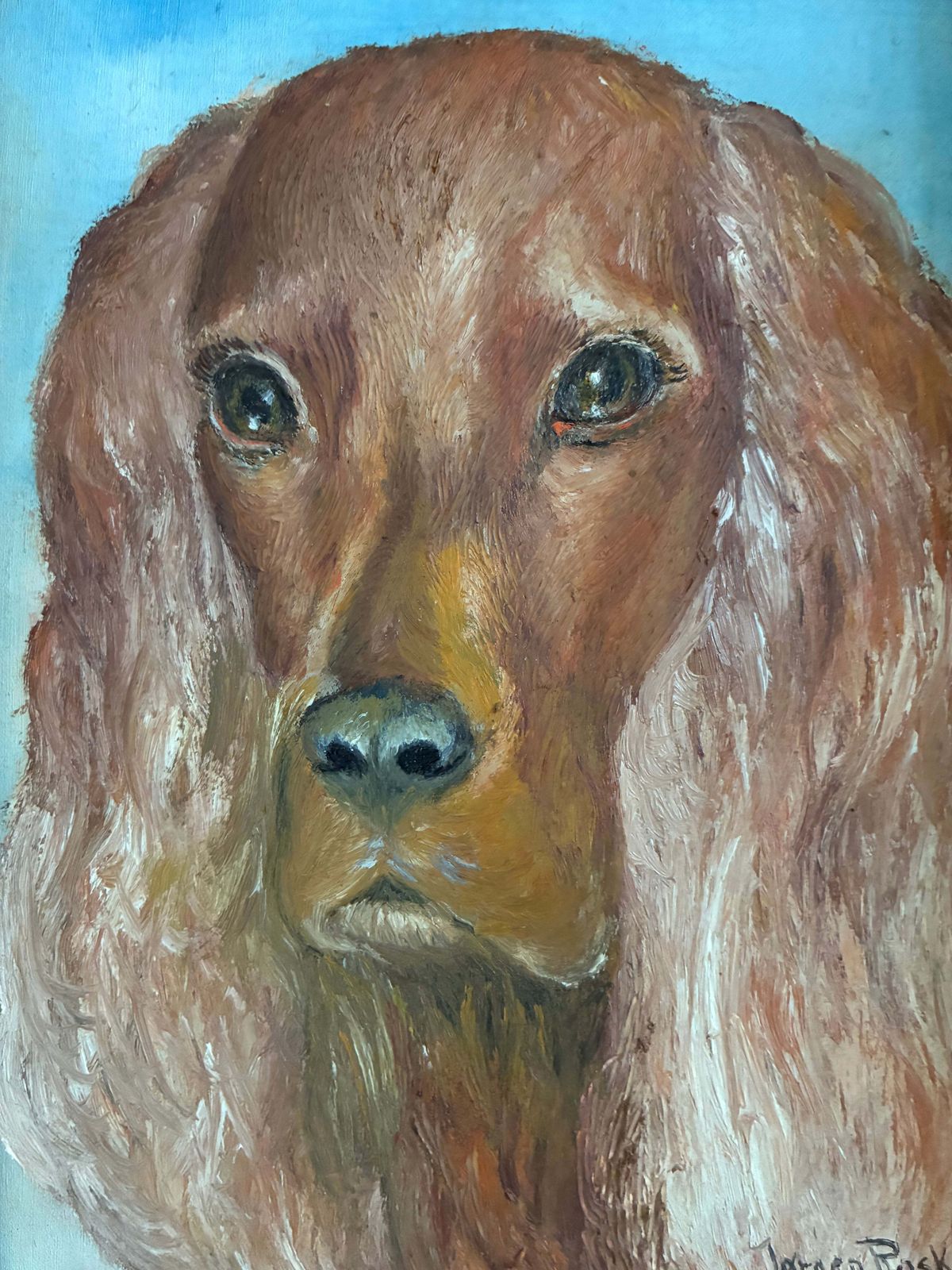 Vintage hondenschilderij, olieverf op paneel, gesigneerd dierenportret photo for sale