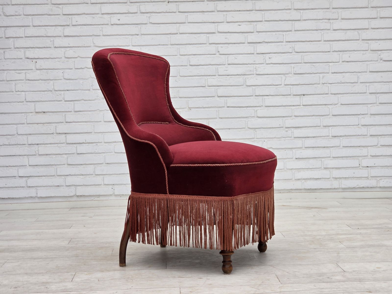 1950s, Danish Cocktail Lounge Chair, Cherry Red Furniture Velour. photo furniture