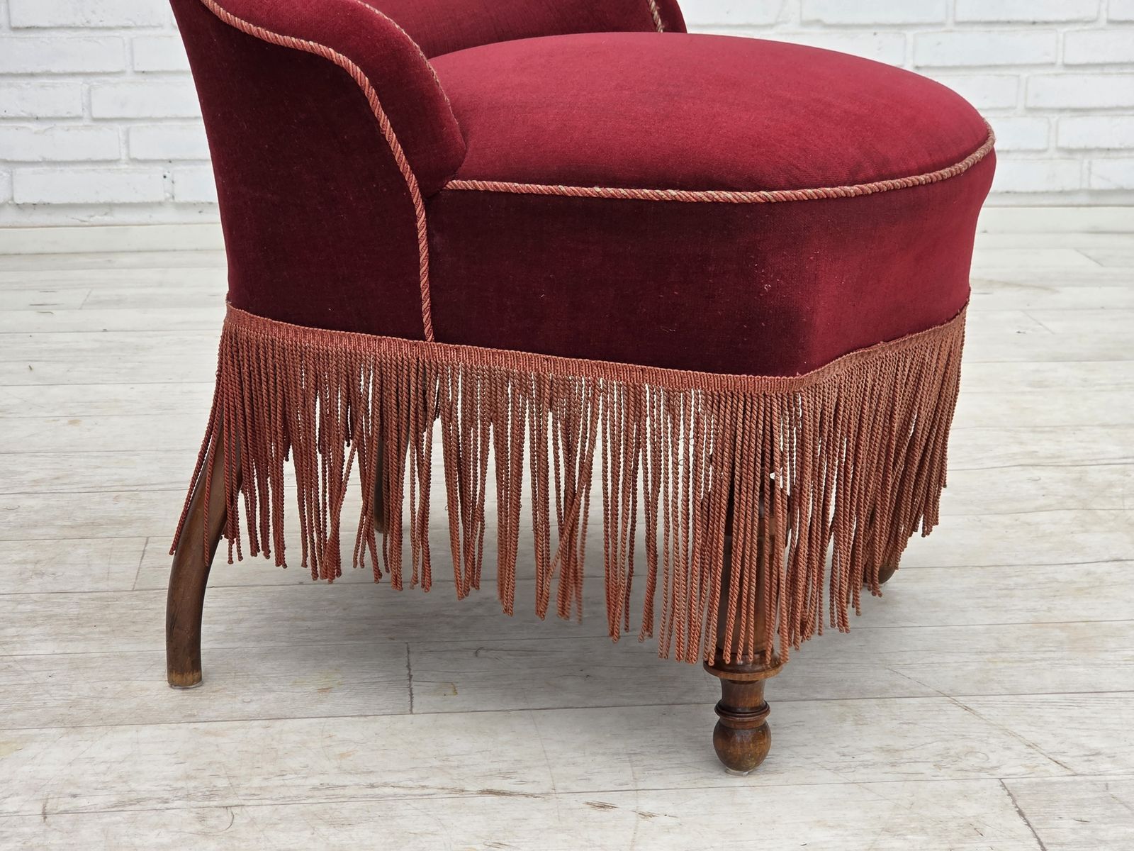 1950s, Danish Cocktail Lounge Chair, Cherry Red Furniture Velour. photo 750.0
