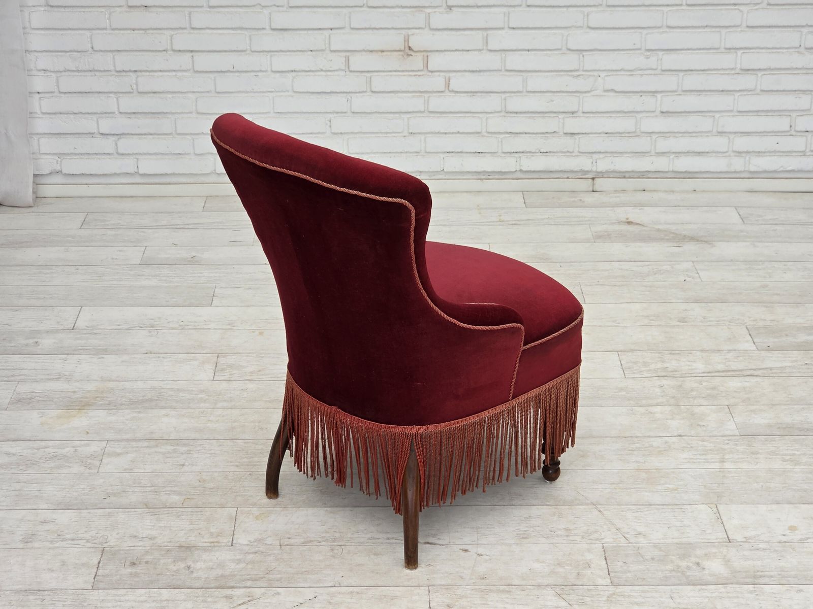 photo for sale 1950s, Danish Cocktail Lounge Chair, Cherry Red Furniture Velour.