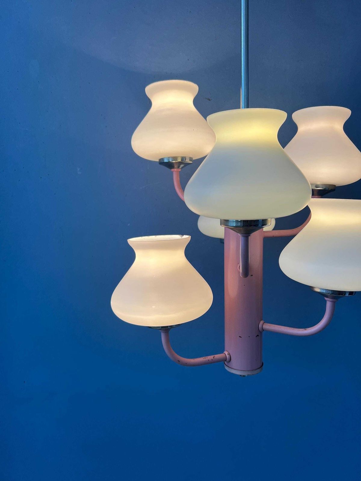 Mid Century White Opaline Glass Chandelier With Pink Frame photo buy