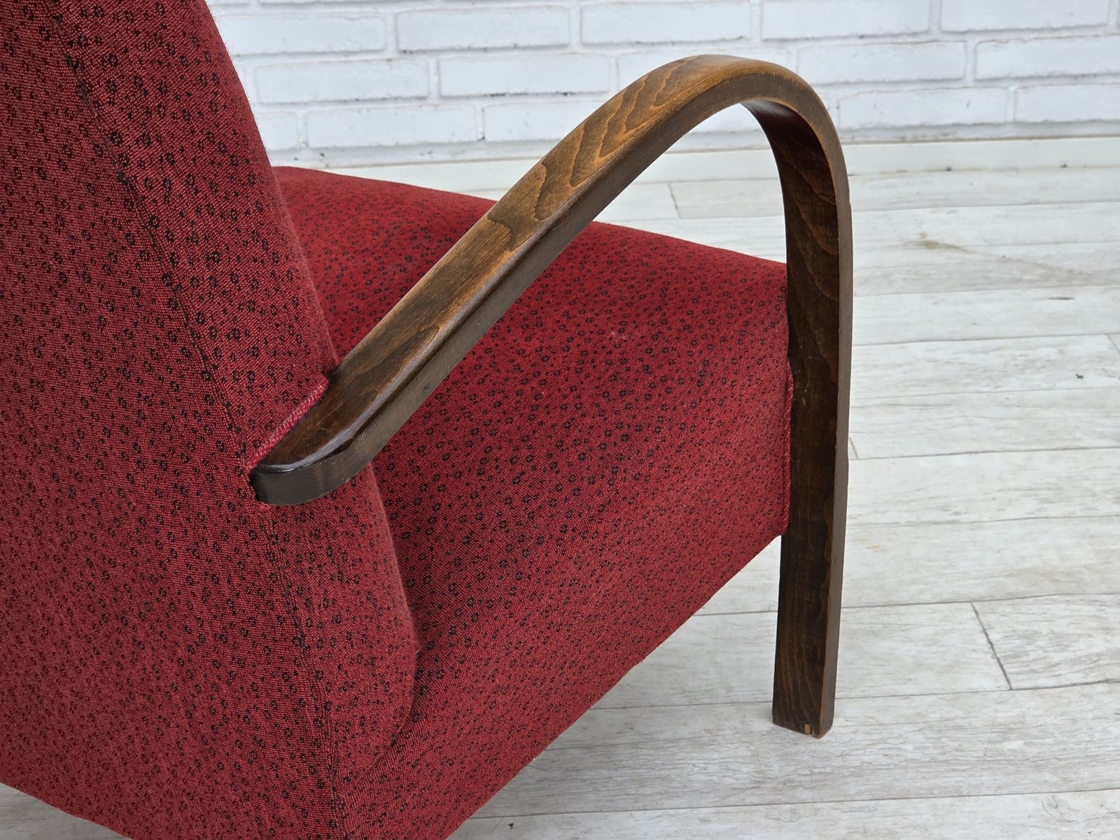 Furniture 1950s, Danish Art Deco Armchair, Original Red Furniture Wool, Beech Wood. photo