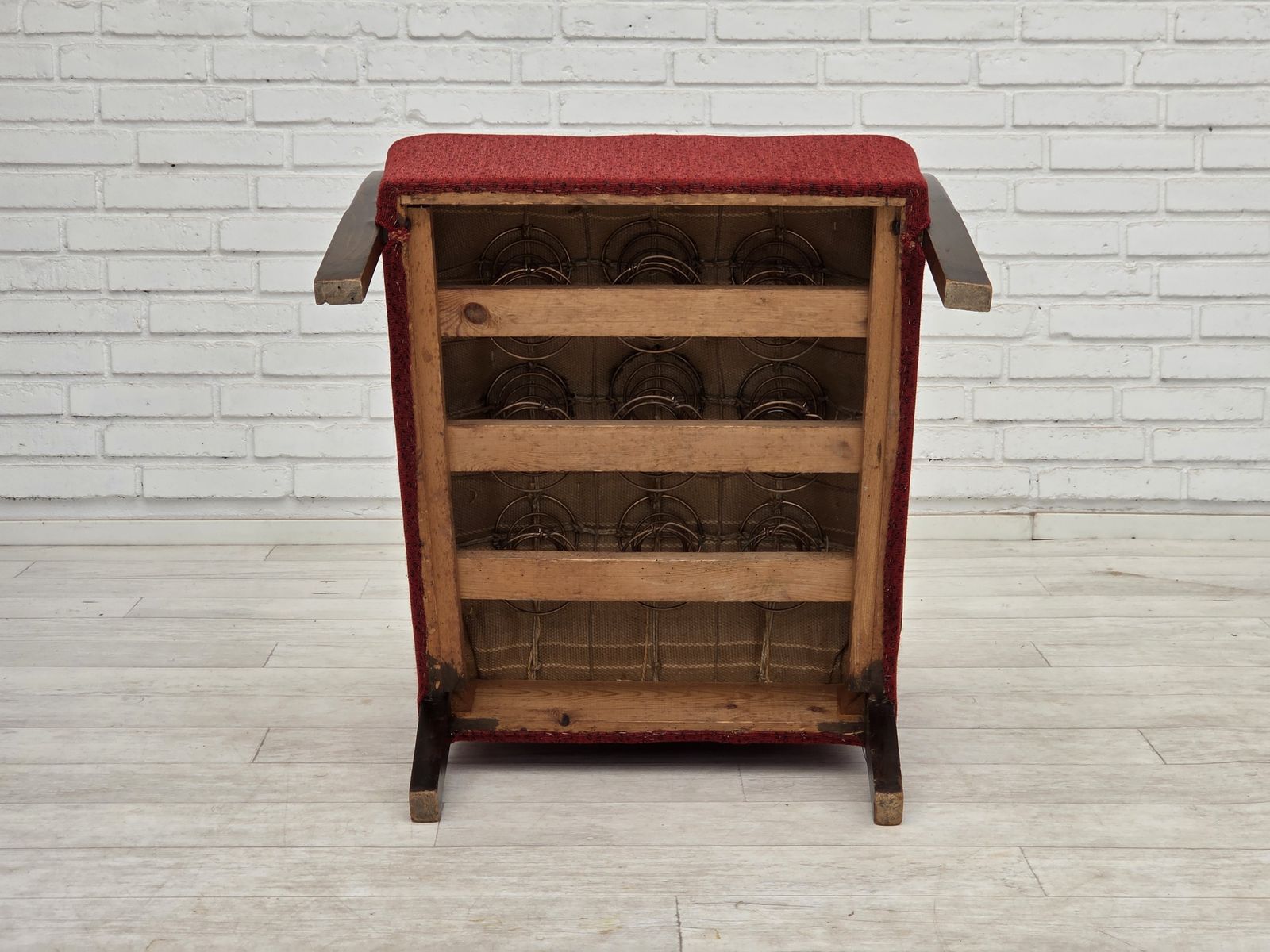 photo buy 1950s, Danish Art Deco Armchair, Original Red Furniture Wool, Beech Wood.