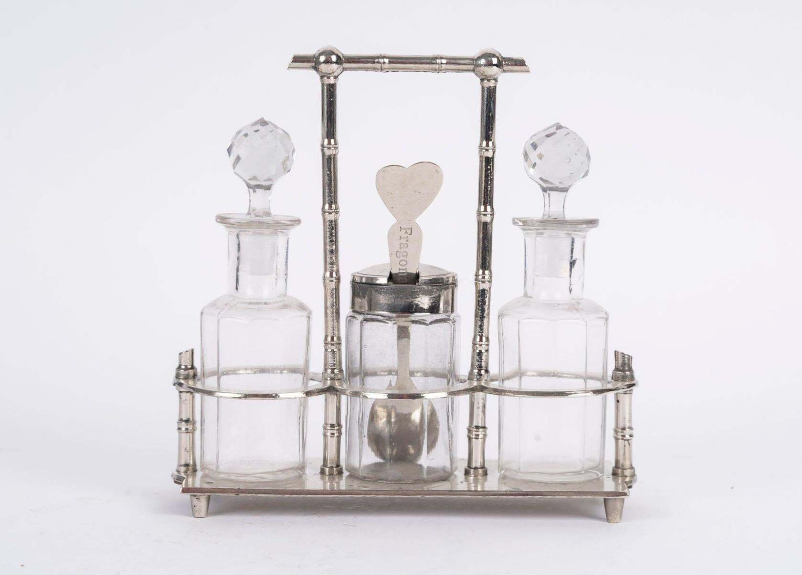 Oil And Vinegar Cruets With A Matching Mustard Jar, Made Of Silver Plated Metal. photo for sale