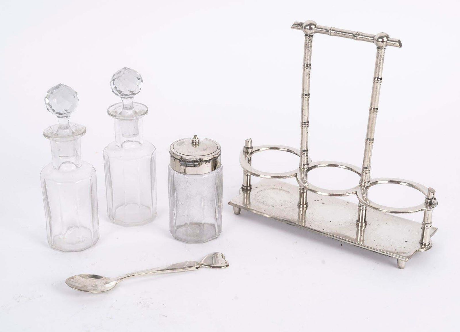 Oil And Vinegar Cruets With A Matching Mustard Jar, Made Of Silver Plated Metal. photo Home Decor