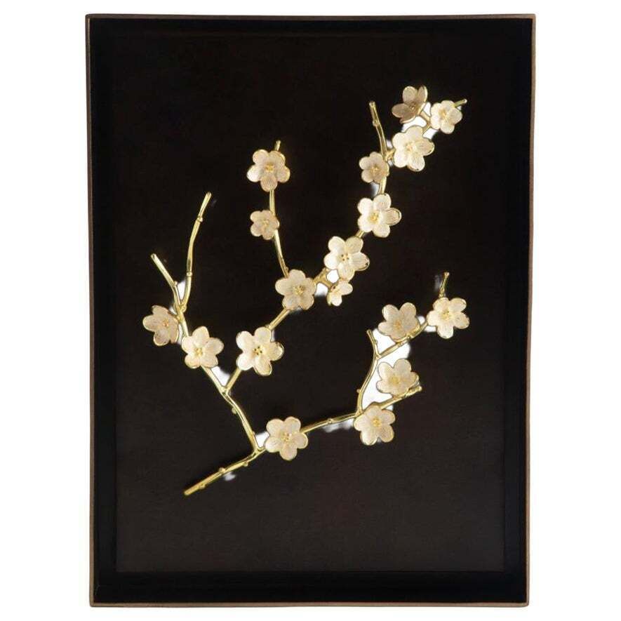 Cherry Blossom Shadow Box In Natural Brass And White Enamel