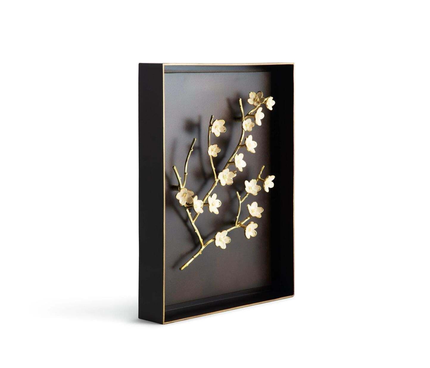 Cherry Blossom Shadow Box In Natural Brass And White Enamel photo for sale