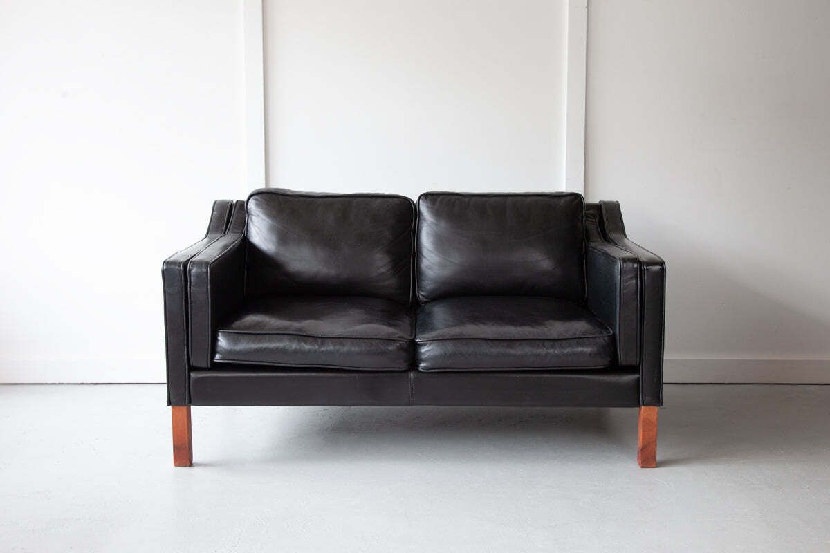 Danish Black Leather Two Seater Sofa