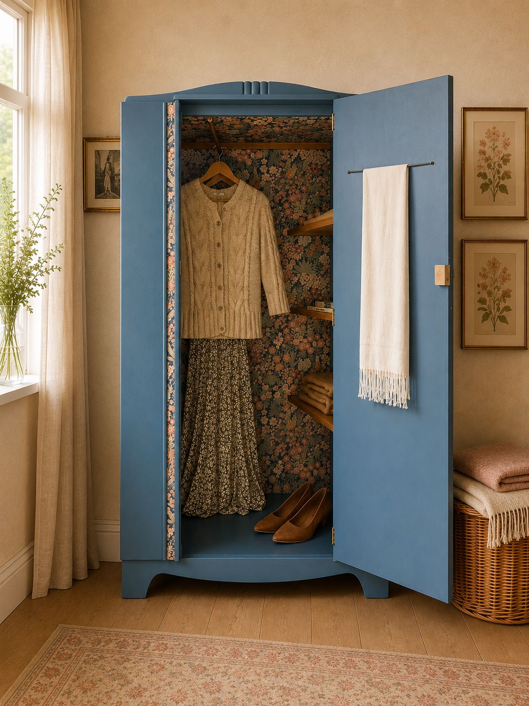 Unique Vintage Mid Century Lebus Wardrobe | Hand Painted In Homestead Blue With Floral Interior photo furniture