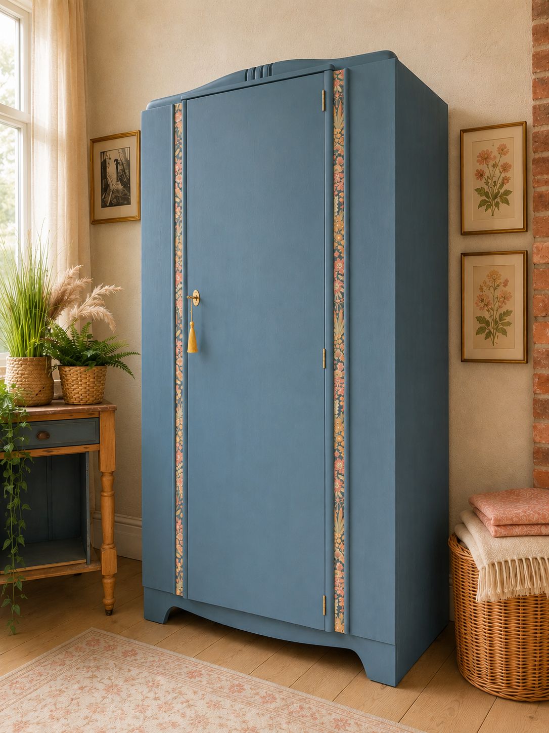 Unique Vintage Mid Century Lebus Wardrobe | Hand Painted In Homestead Blue With Floral Interior photo for sale