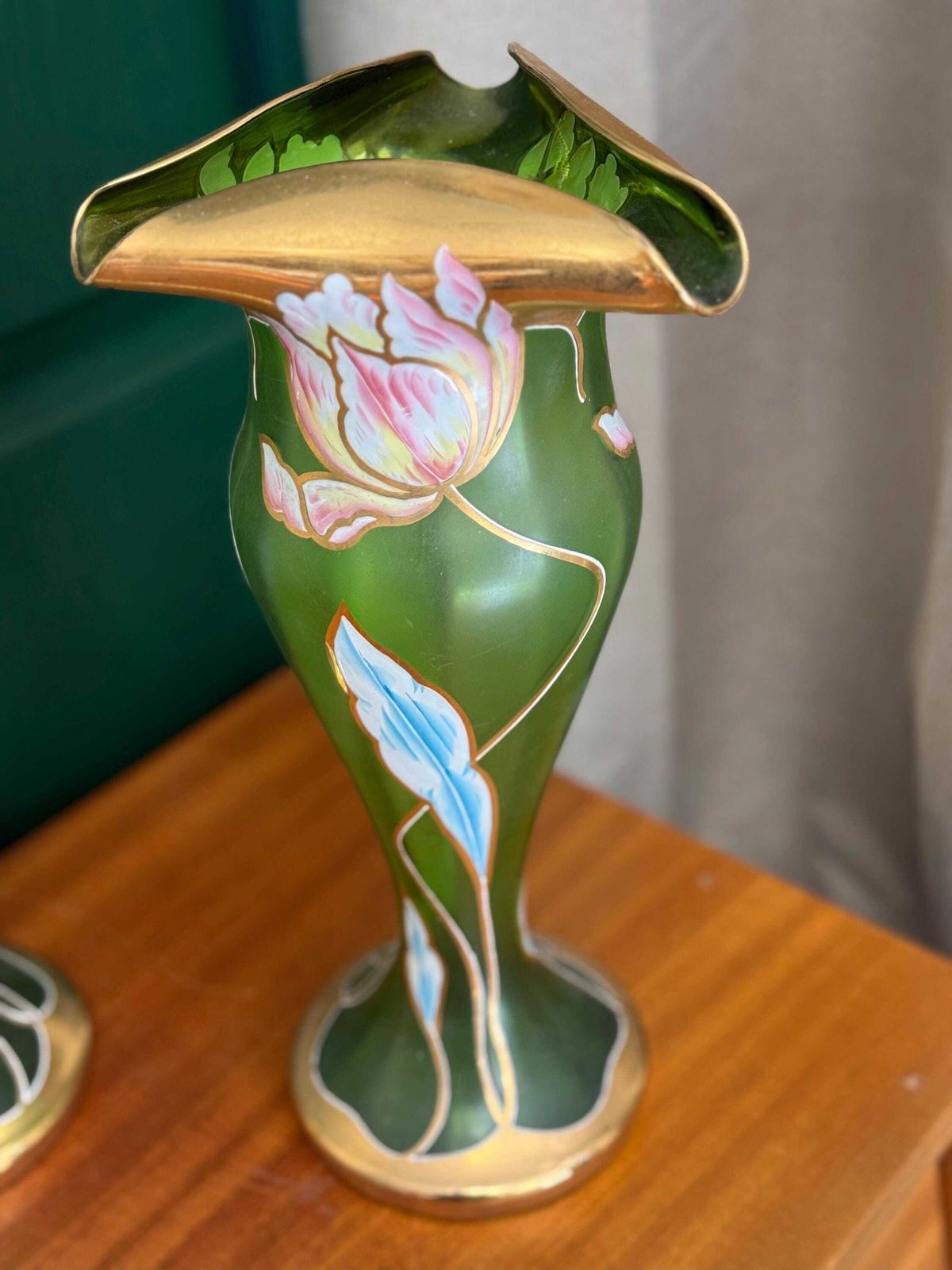 Pair Of Antique Art Deco Mont Joye Tulip Vases Green Gold photo furniture