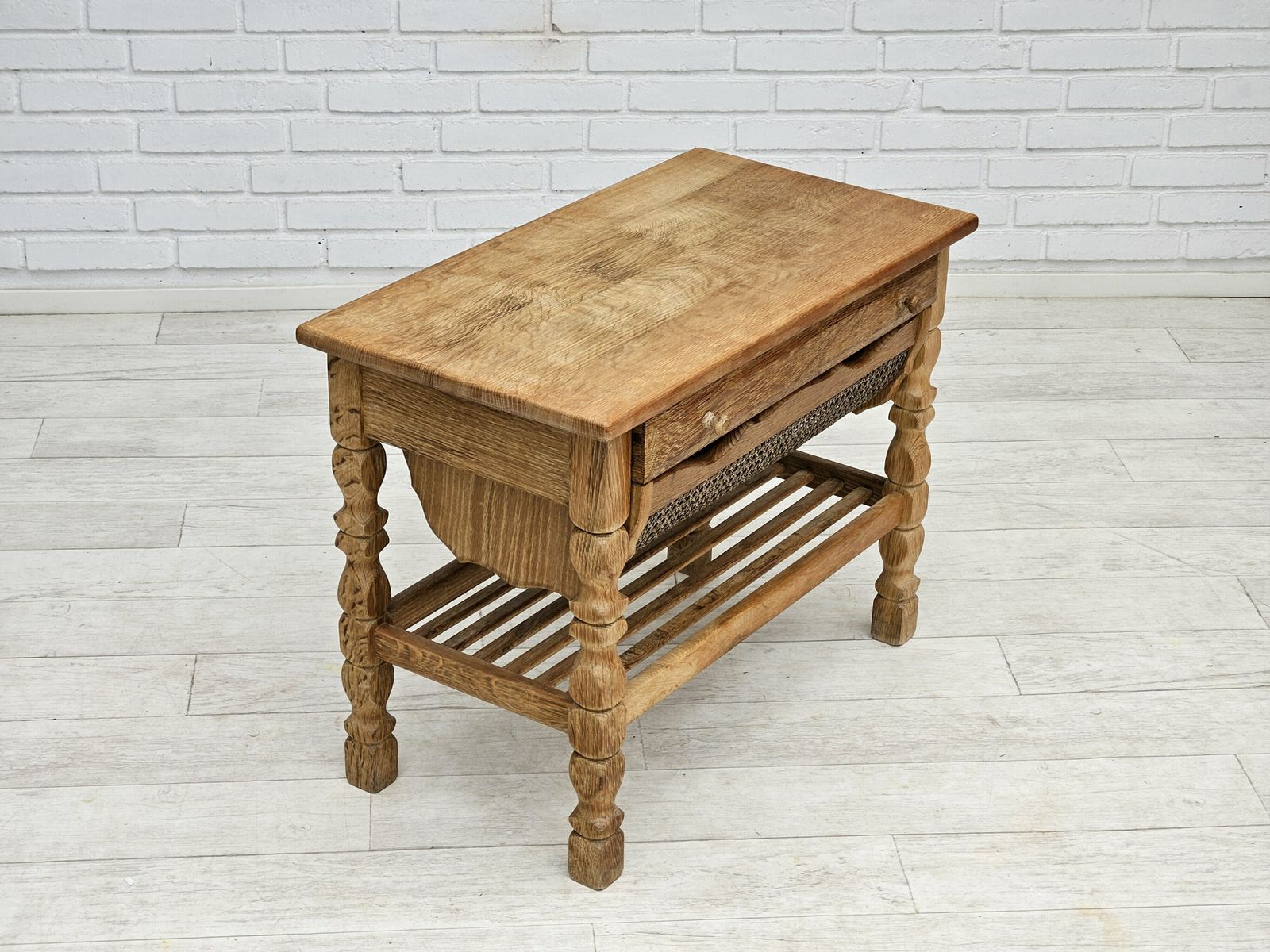 1970s, Scandinavian Sewing Table, Solid Oak Wood, Rattan. photo 690.0