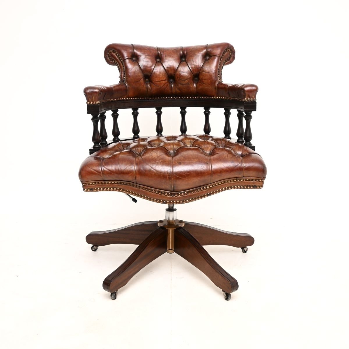 Antique Leather And Mahogany Swivel Captains Desk Chair photo furniture