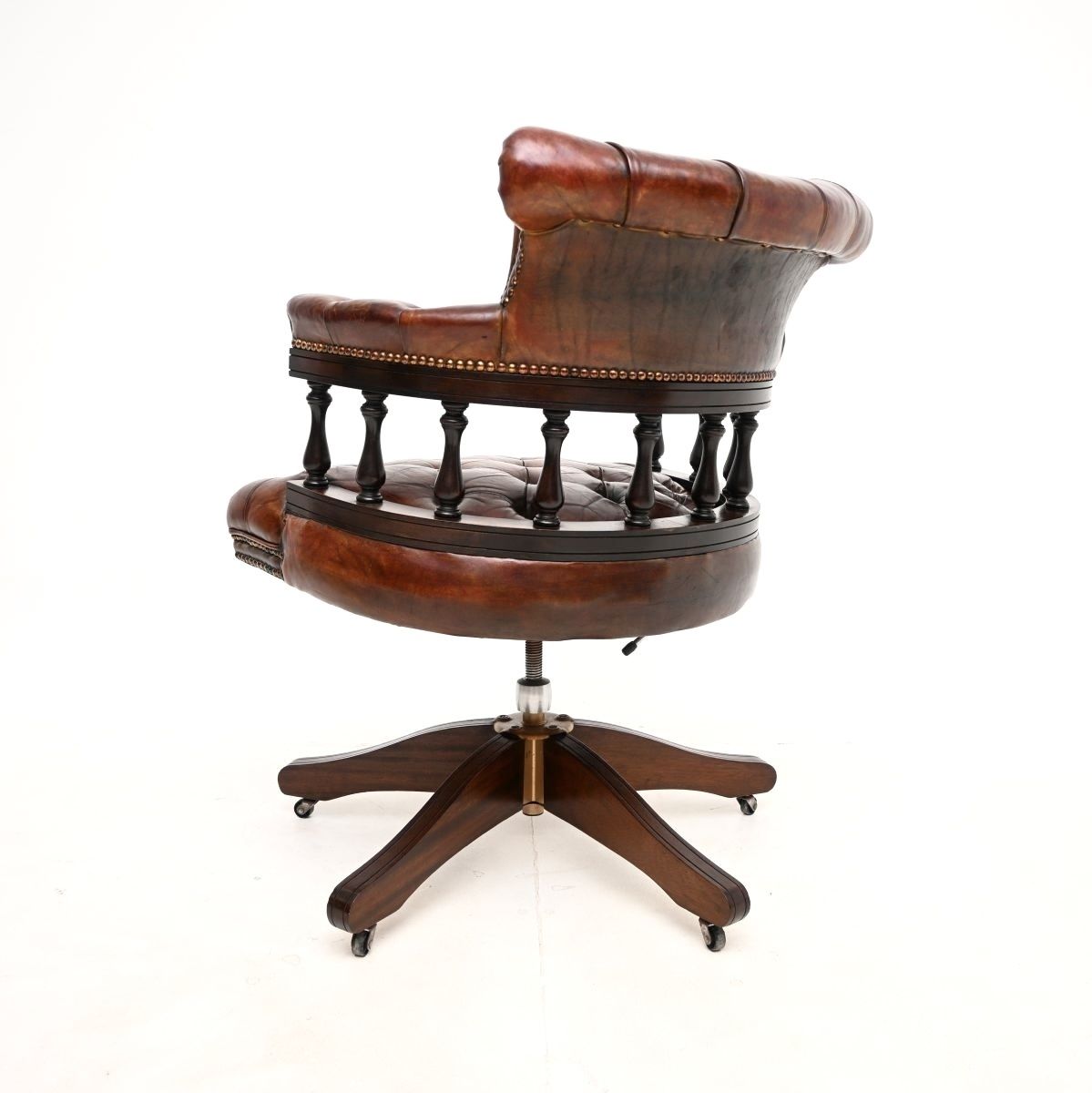 Furniture Antique Leather And Mahogany Swivel Captains Desk Chair photo