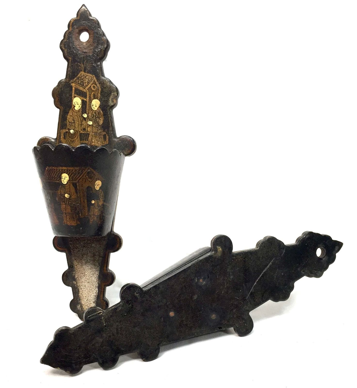 Antique Chinoiserie Paper Mache Lacquered Wall Match Stick Holder Striker 1800s photo buy
