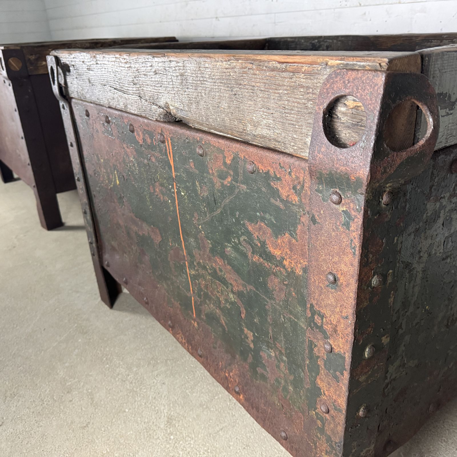 Pair Of Antique Industrial Steel Planters With Reclaimed Wood Tops photo Garden Decor