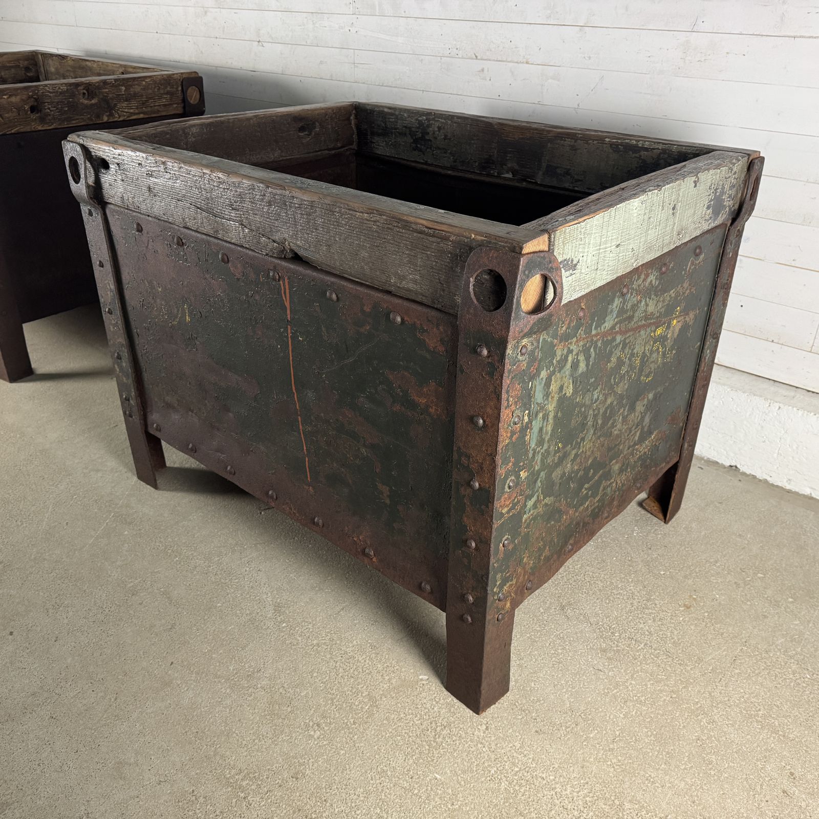 Pair Of Antique Industrial Steel Planters With Reclaimed Wood Tops photo 945.0