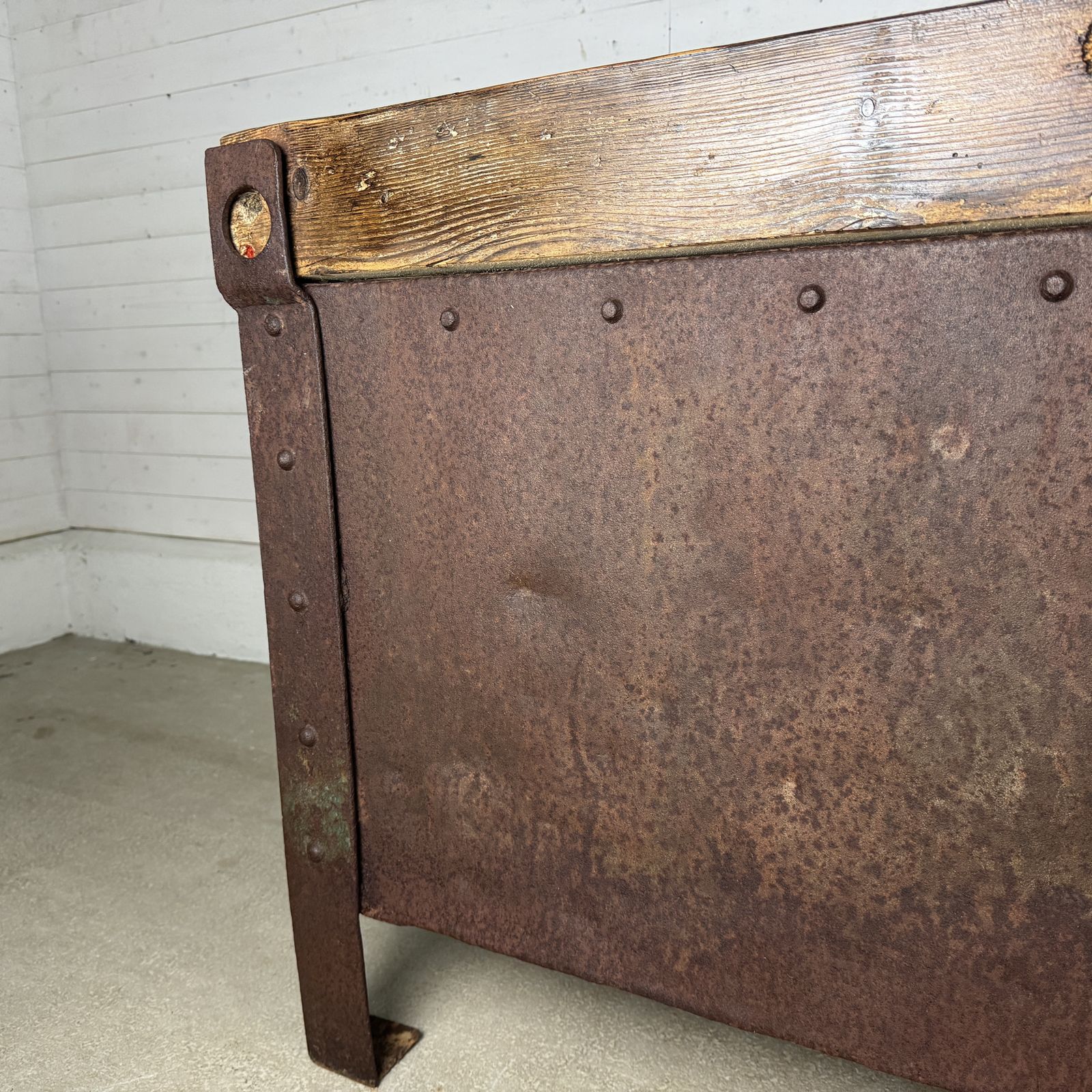 photo furniture Pair Of Antique Industrial Steel Planters With Reclaimed Wood Tops