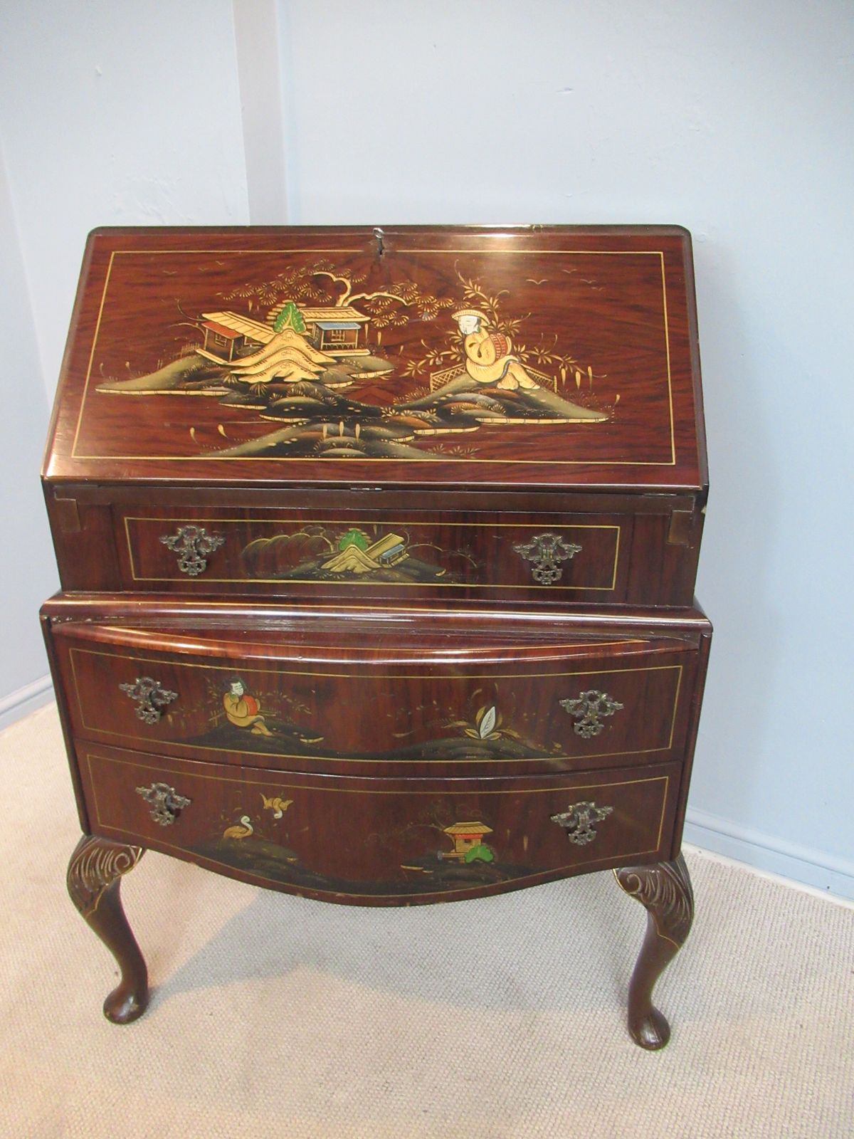 Walnut Writing  Bureau   With Chinoiserie   Decoration
