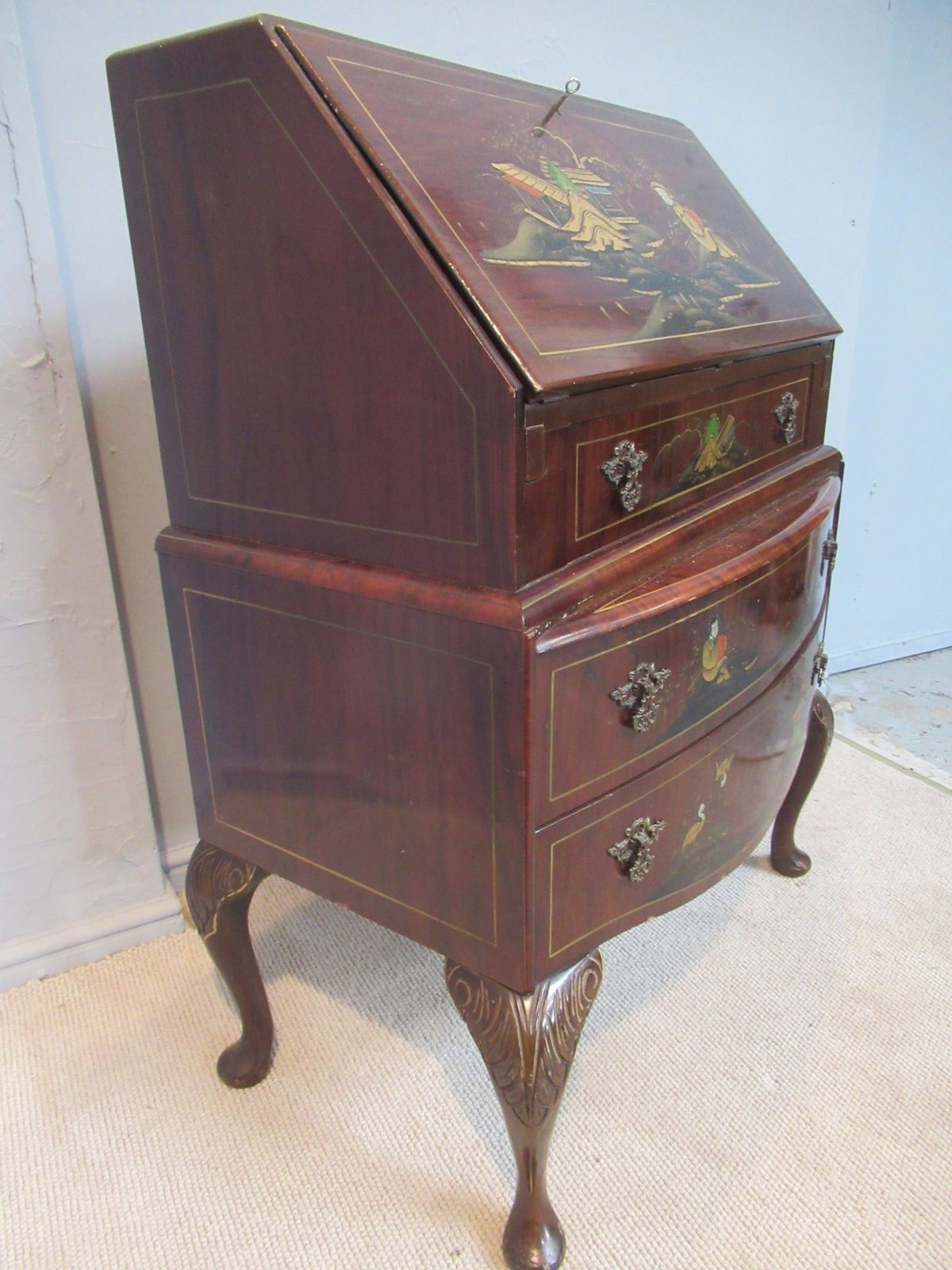 Walnut Writing  Bureau   With Chinoiserie   Decoration photo buy