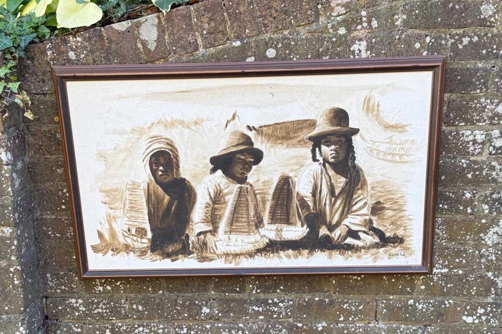 Large Vintage Signed Oil Painting Of Andean Children, South American Folk Art