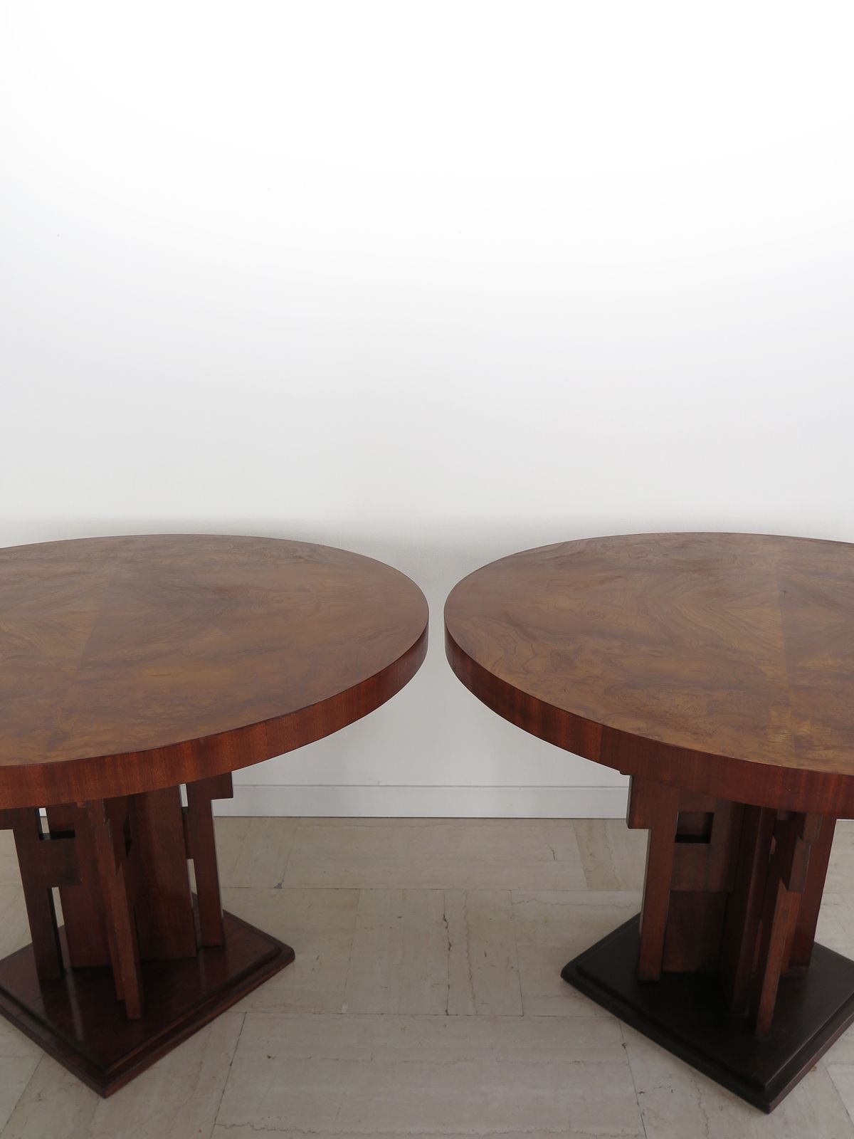 Couple Of  Burl Wood Tables Or Gueridon Art Decò With Sculptural Legs, Italy 1930s photo for sale