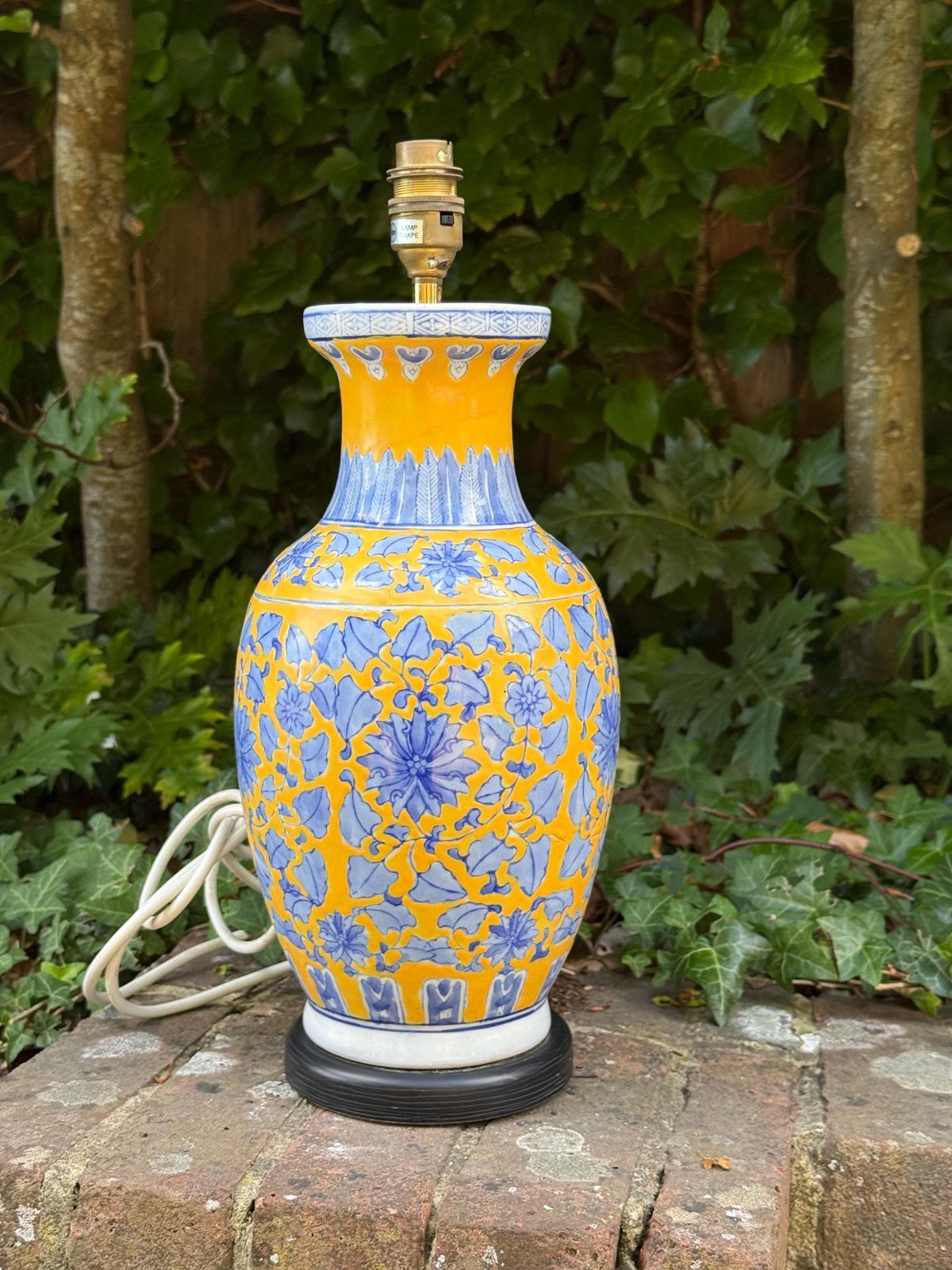Large Vintage Chinoiserie Ceramic Table Lamp Blue And Yellow Floral Vase   Working And Tested, 48cm Tall photo furniture