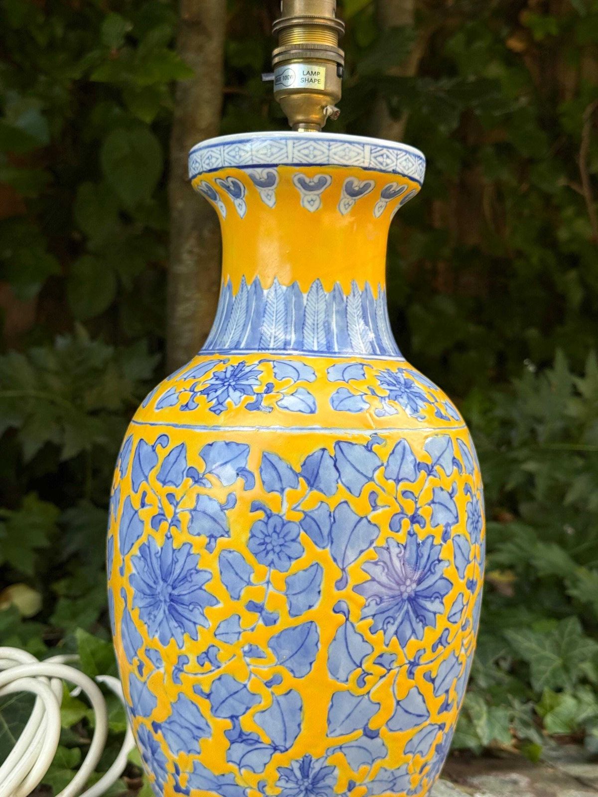 Large Vintage Chinoiserie Ceramic Table Lamp Blue And Yellow Floral Vase   Working And Tested, 48cm Tall photo vinterior