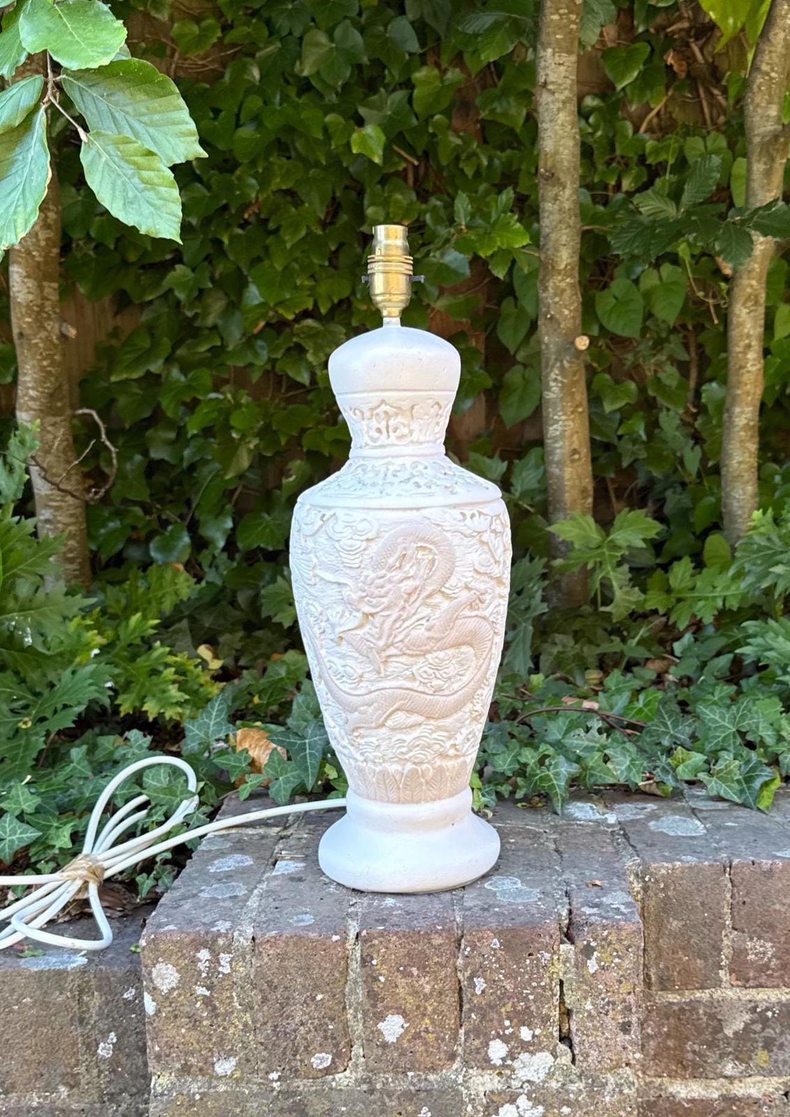 Large Vintage Oriental Dragon Relief Table Lamp Chalk Painted Statement Piece   Working And Tested 46cm Tall