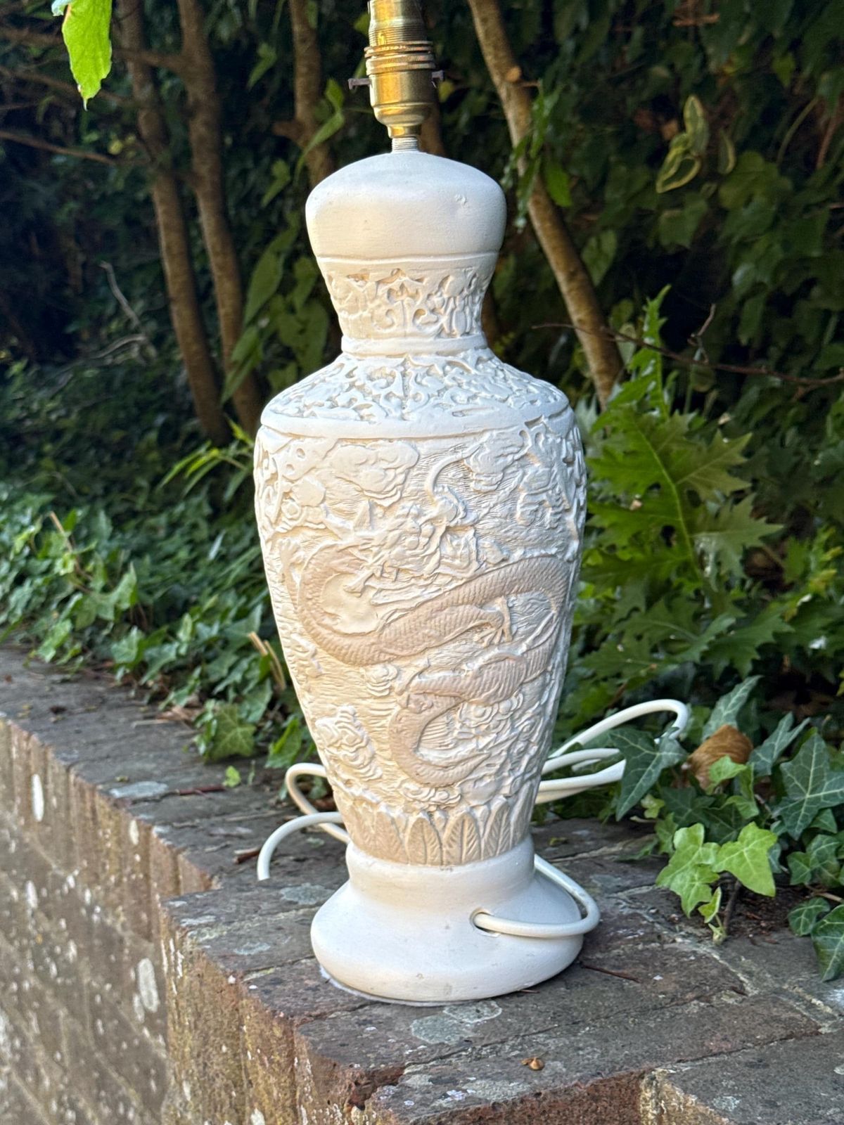 Large Vintage Oriental Dragon Relief Table Lamp Chalk Painted Statement Piece   Working And Tested 46cm Tall photo for sale