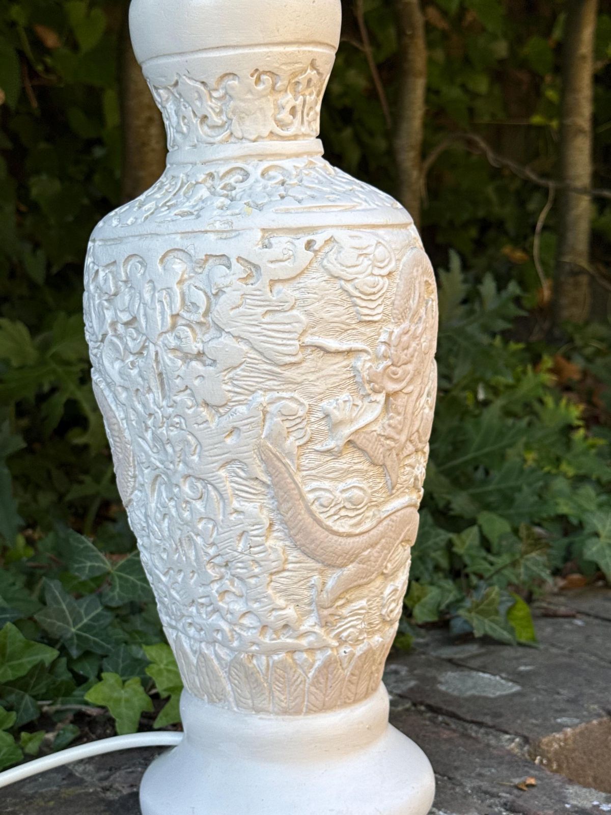 Large Vintage Oriental Dragon Relief Table Lamp Chalk Painted Statement Piece   Working And Tested 46cm Tall photo vinterior