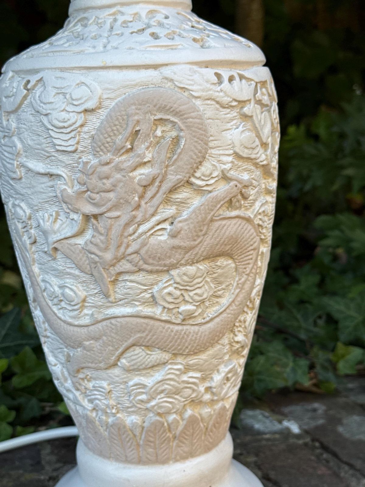 100.0 Large Vintage Oriental Dragon Relief Table Lamp Chalk Painted Statement Piece   Working And Tested 46cm Tall photo