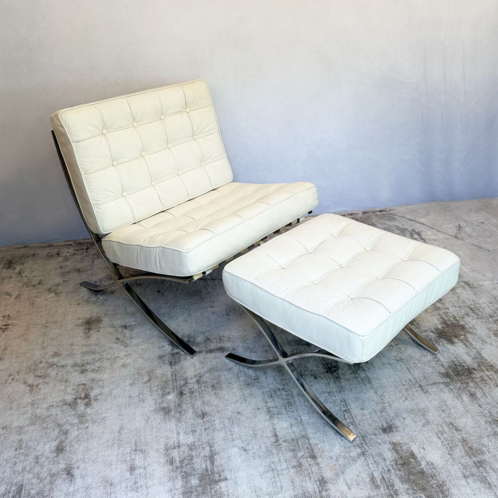 Barcelona Chair & Stool, White Leather