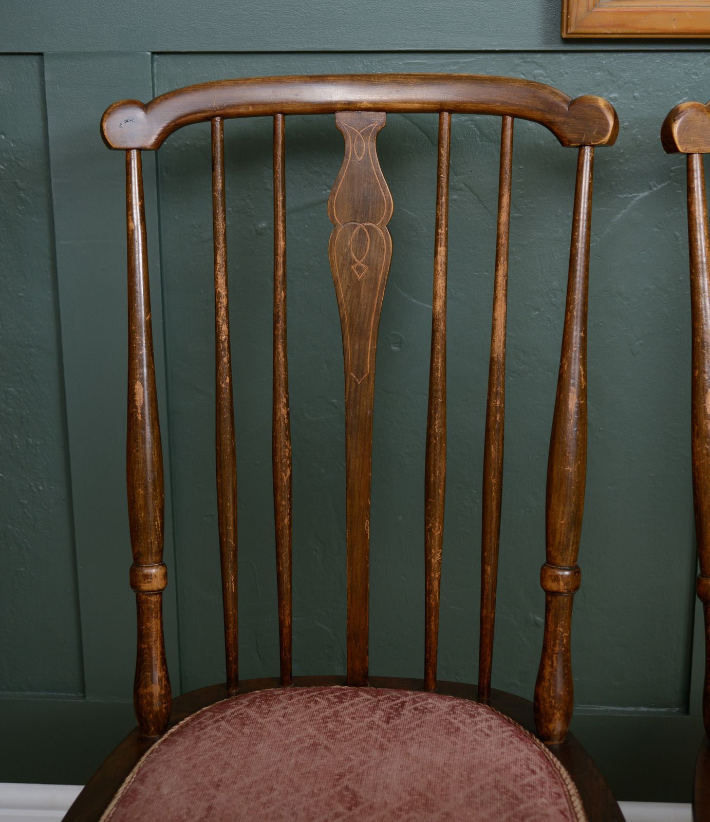 photo vintage 4 Edwardian Stick Splat Back Chairs With Dusky Pink Seats   Sku 208