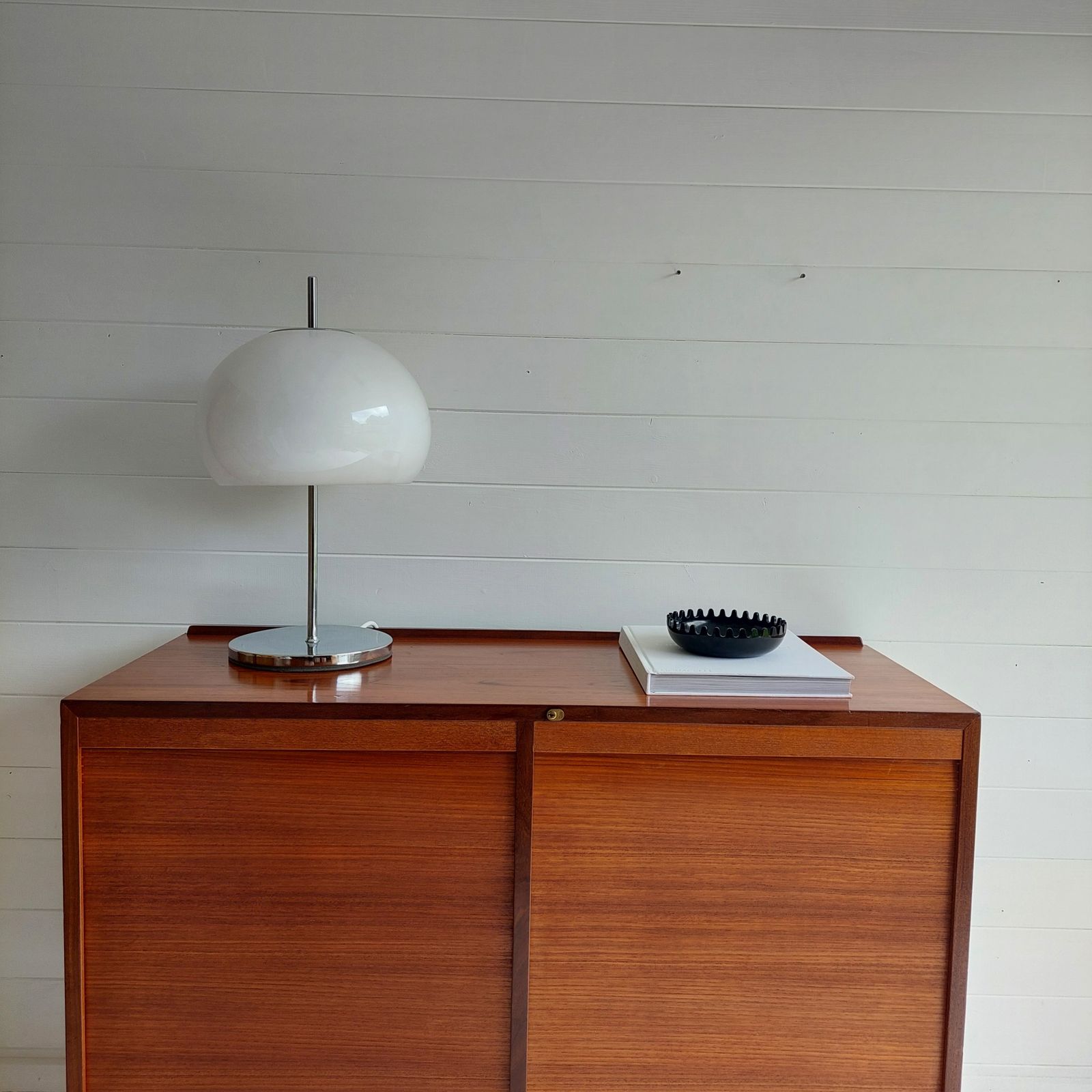 Mid Century Teak Sideboard Tambour Shutter 2 Door Cabinet, Denmark 60s 70s photo Furniture