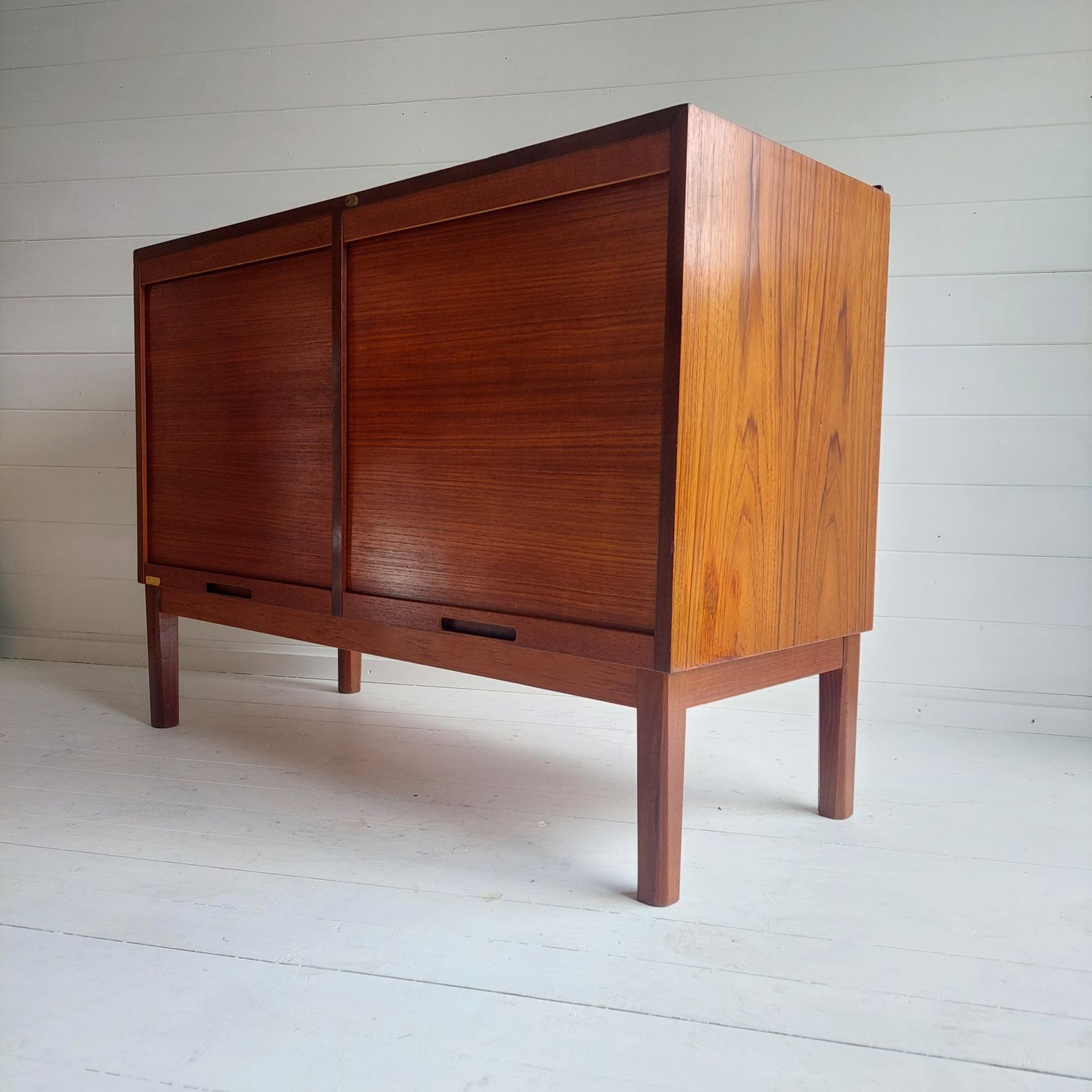 Mid Century Teak Sideboard Tambour Shutter 2 Door Cabinet, Denmark 60s 70s photo vintage