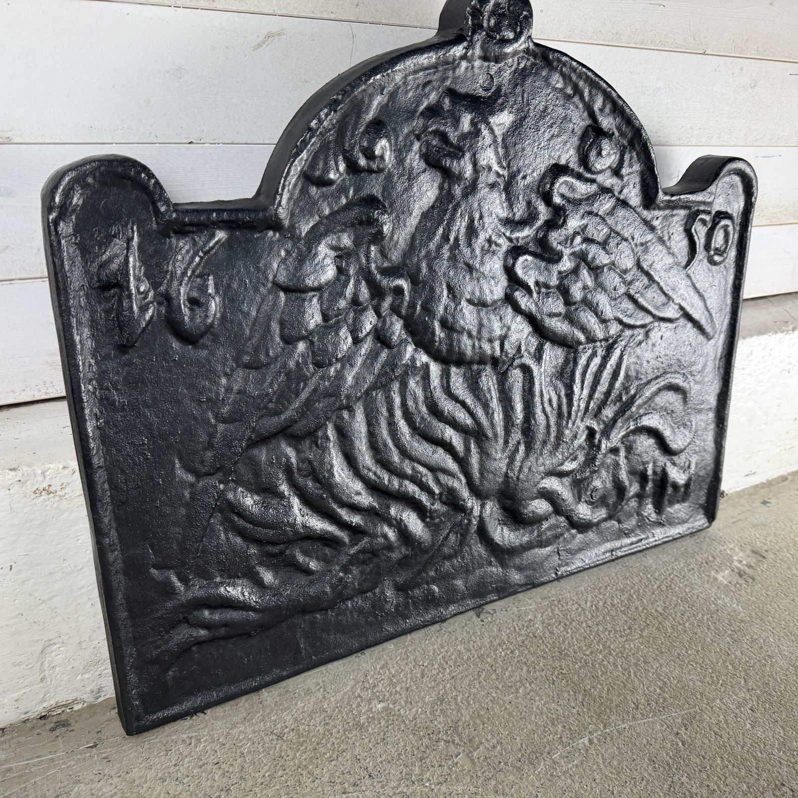 Reclaimed Cast Iron Fire Back With Phoenix Design photo for sale