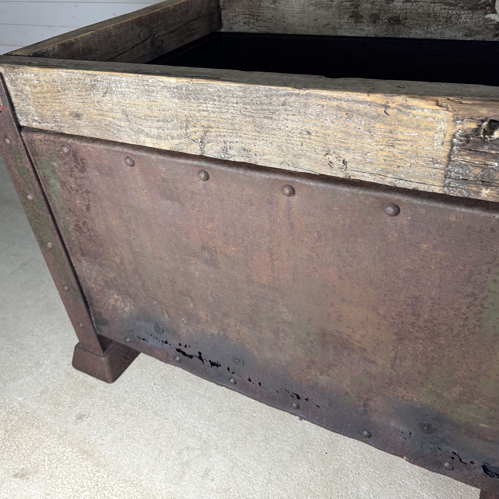 Pair Of Antique Industrial Steel Planters With Reclaimed Wood Tops photo 945.0