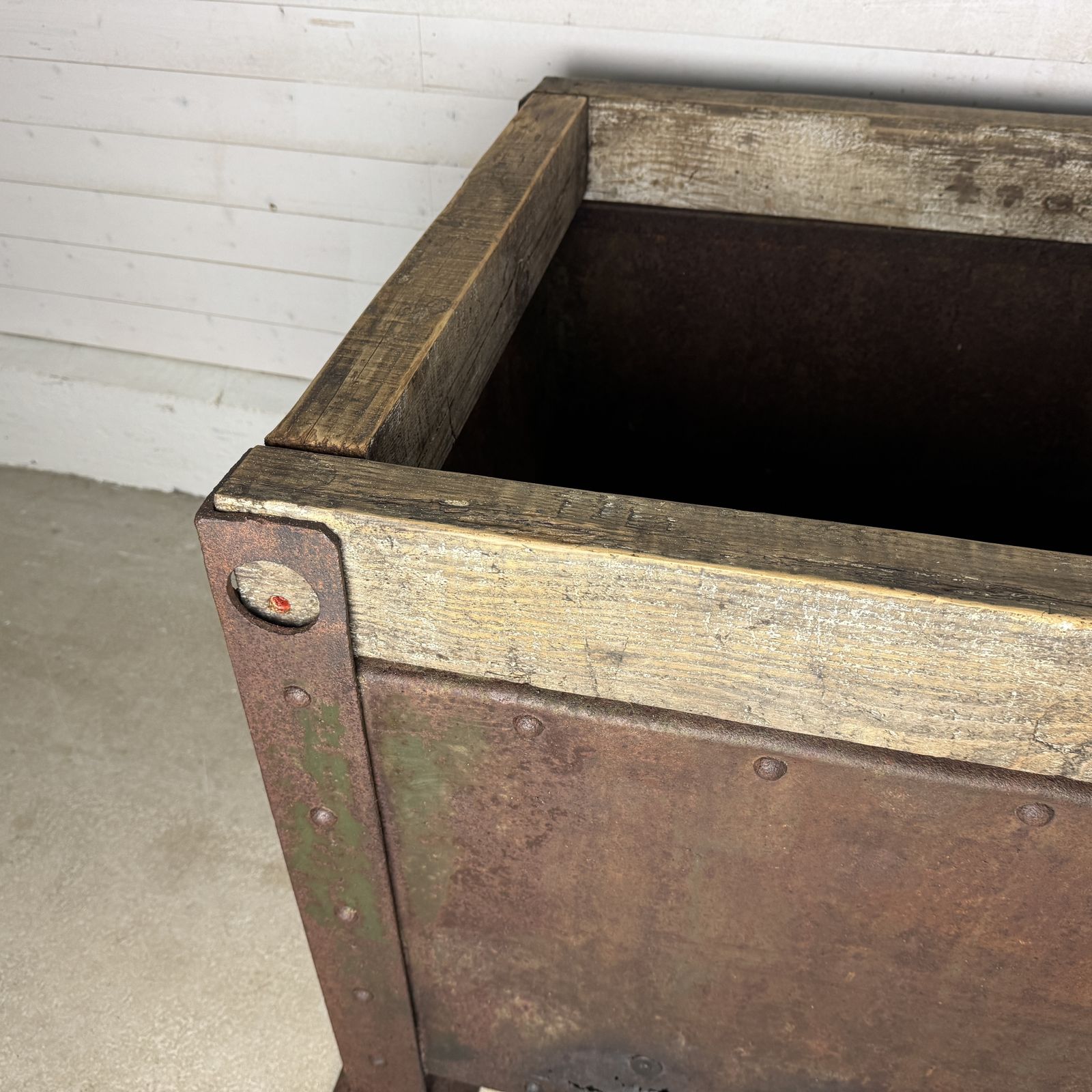 Pair Of Antique Industrial Steel Planters With Reclaimed Wood Tops photo vintage