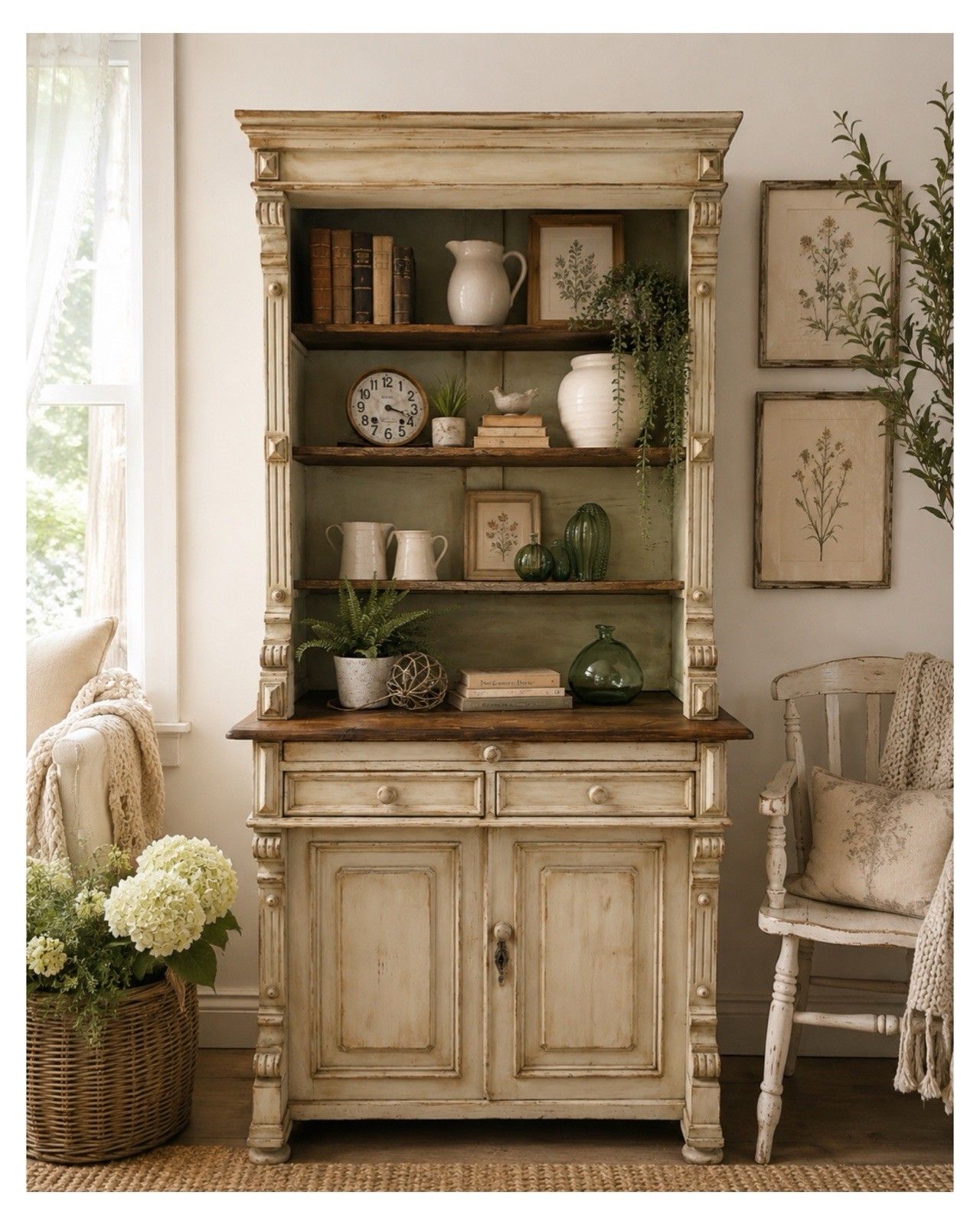 C1900 Original Antique Rustic Painted Pine Dresser, Kitchen Cabinet