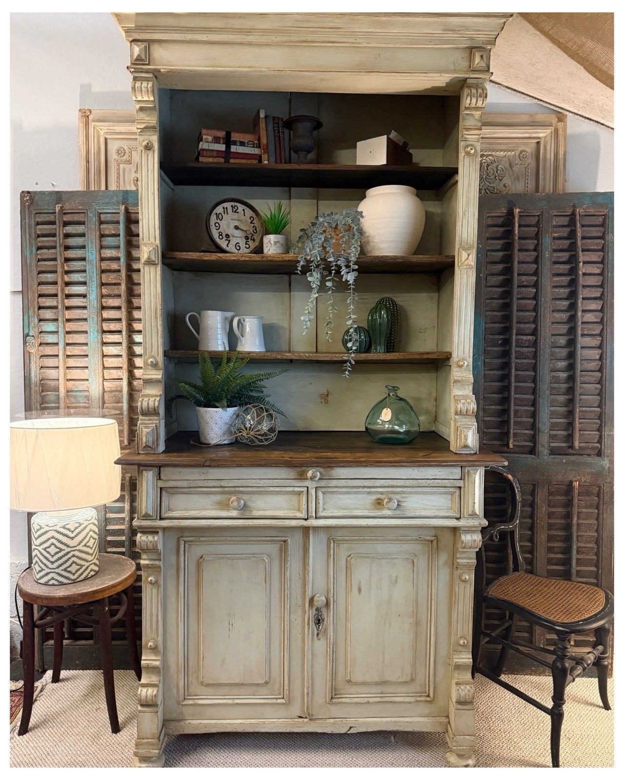 C1900 Original Antique Rustic Painted Pine Dresser, Kitchen Cabinet photo vintage
