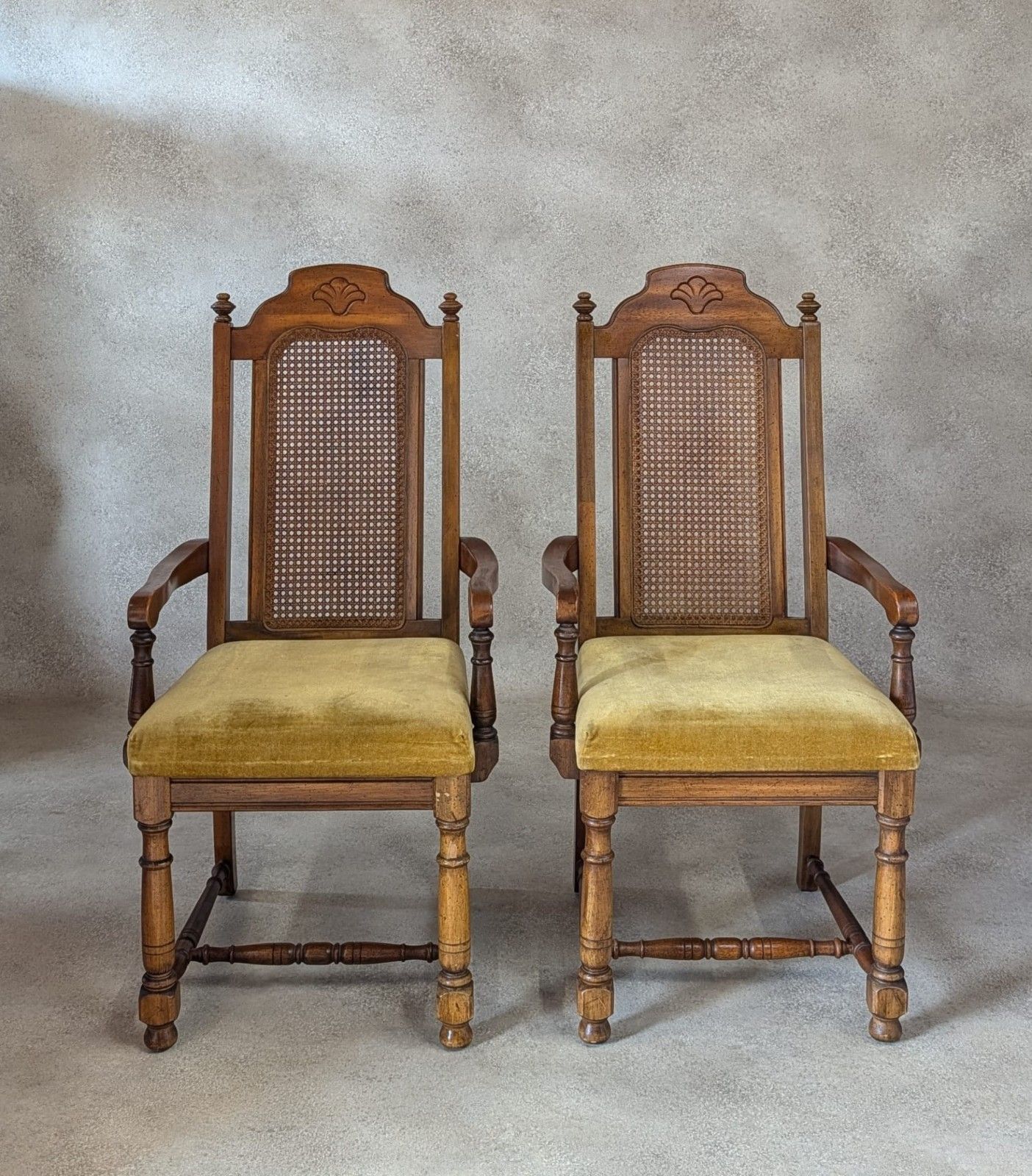Pair Of Vintage William & Mary Style High Back Armchairs / Carver Chairs