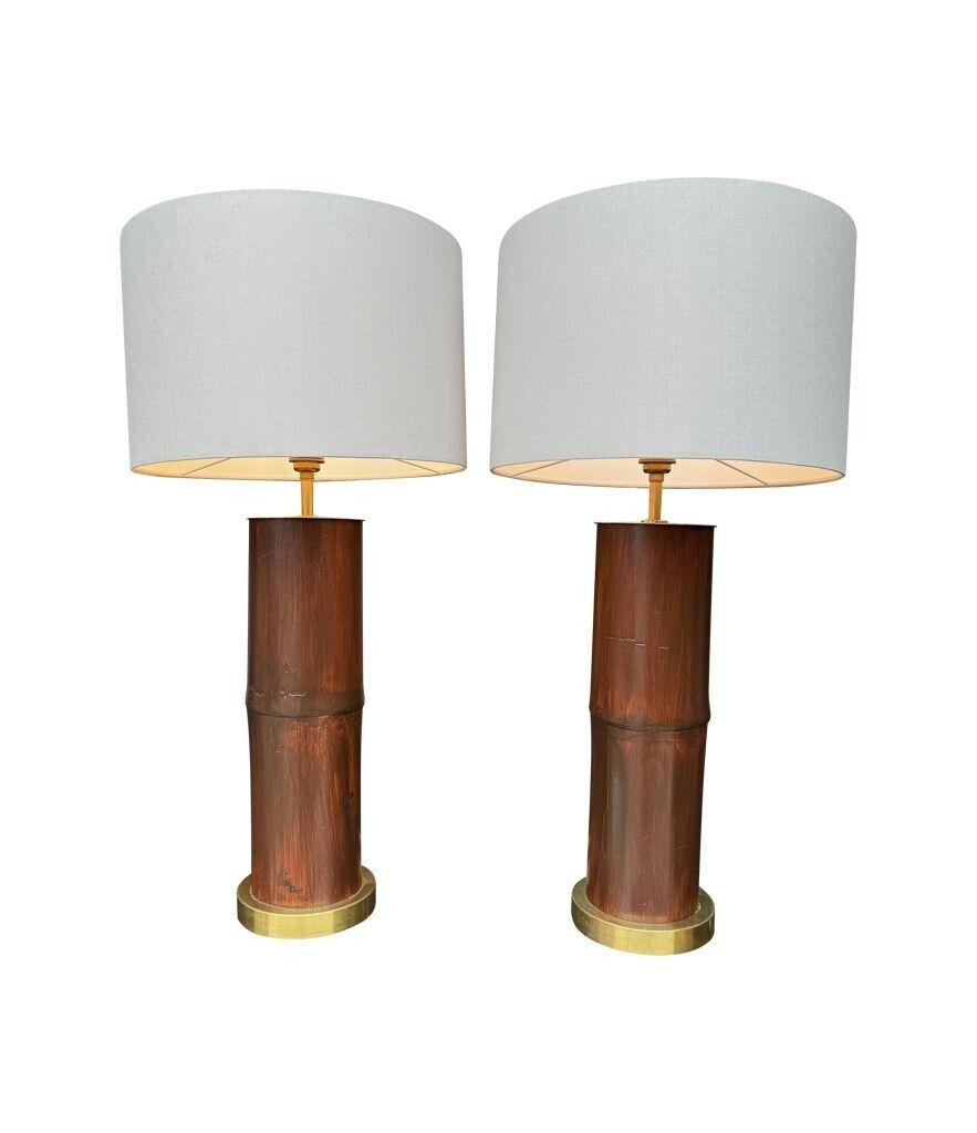A Pair Of Ivory Lacquered Real Bamboo And Brass Lamps With Bespoke Linen Shades