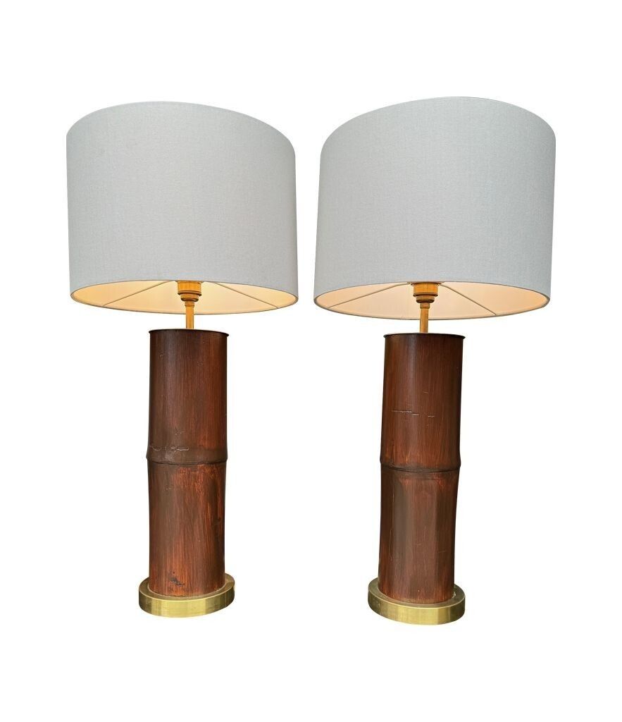 photo furniture A Pair Of Ivory Lacquered Real Bamboo And Brass Lamps With Bespoke Linen Shades