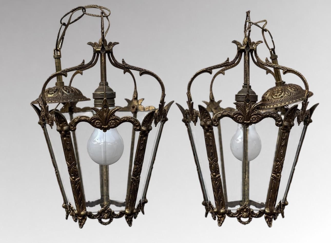 Antique Brass Hanging Lanterns Pair Ceiling Lights photo buy