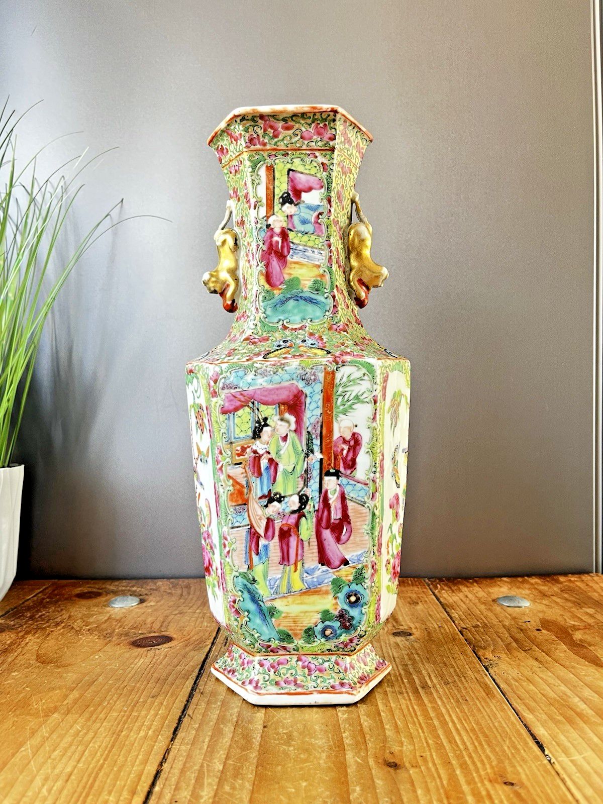 Antique Chinese Famille Rose Hexagonal Vase Figural Bird Butterfly Court Scenes photo furniture