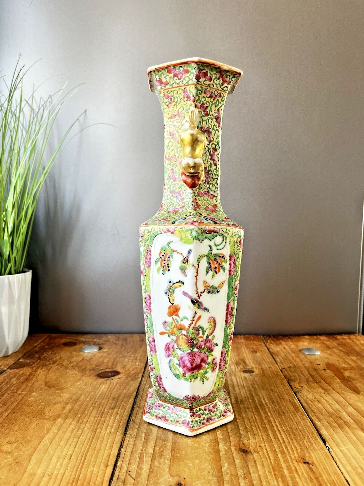 Antique Chinese Famille Rose Hexagonal Vase Figural Bird Butterfly Court Scenes photo 125.0
