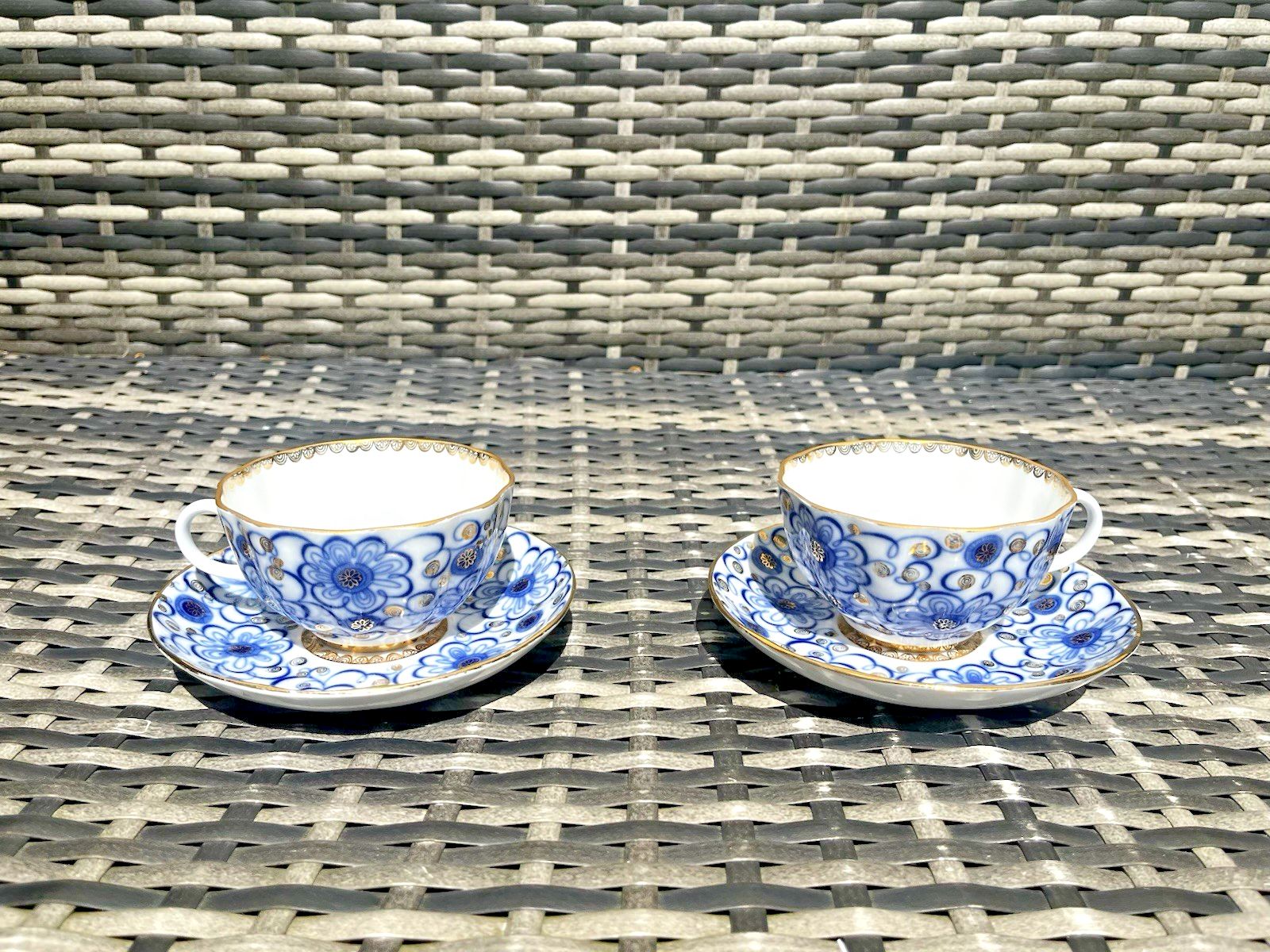 1 Russian China Lomonosov Bindweed Winding Twig Blue White Cabinet Cup & Saucer