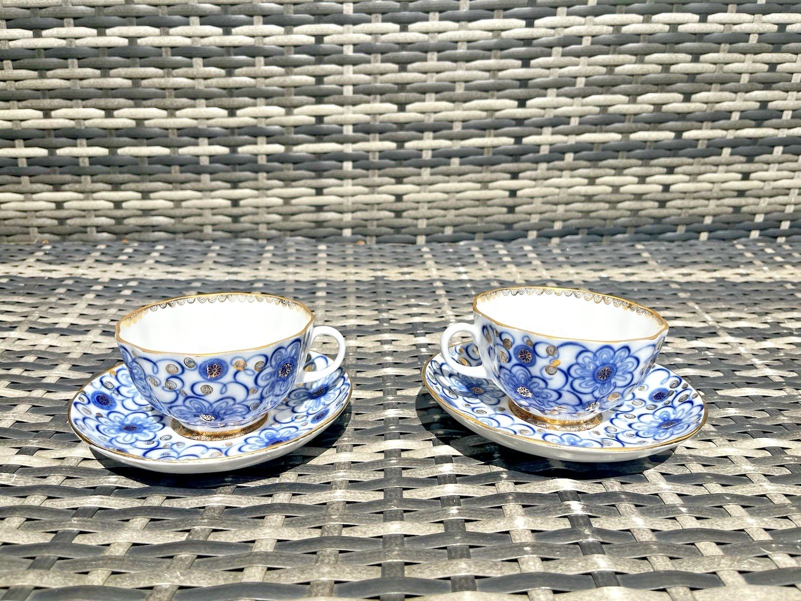 photo vintage 1 Russian China Lomonosov Bindweed Winding Twig Blue White Cabinet Cup & Saucer