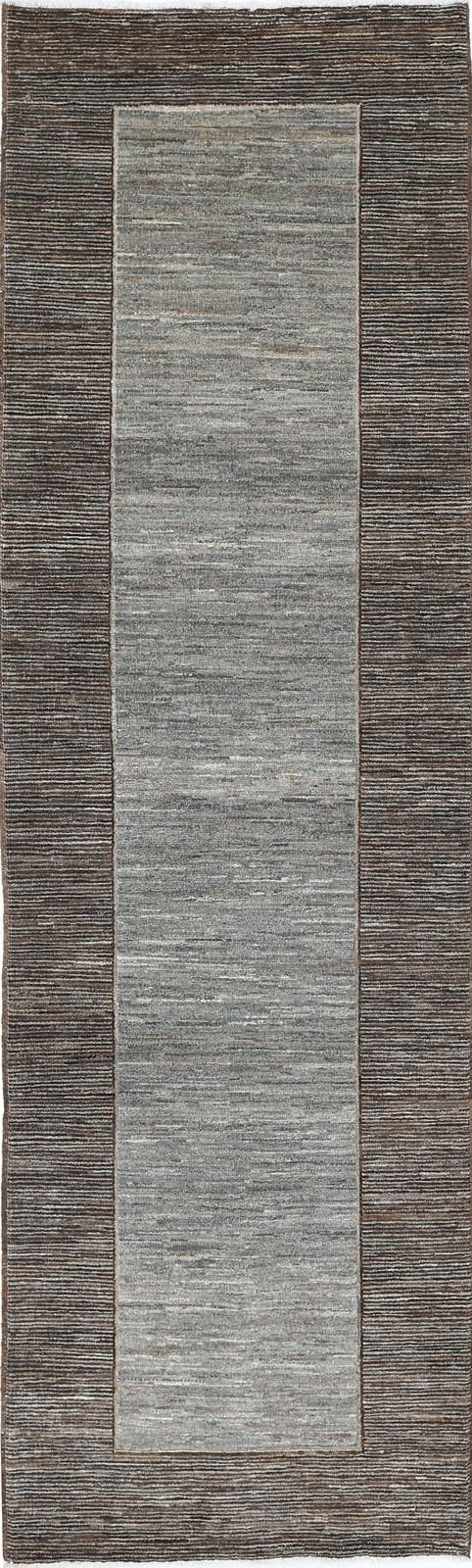 3x9.7 Ft Hand Knotted Brown, Gray Wool Runner Rug. Modern Minimalist Hallway Rug